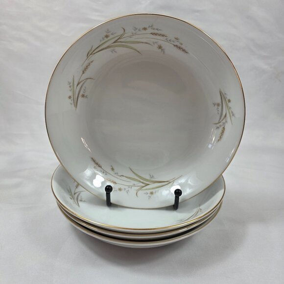 FOUR Fine China of Japan Golden Harvest Soup Bowls Gold Wheat Sprays on Rim - Picture 1 of 12